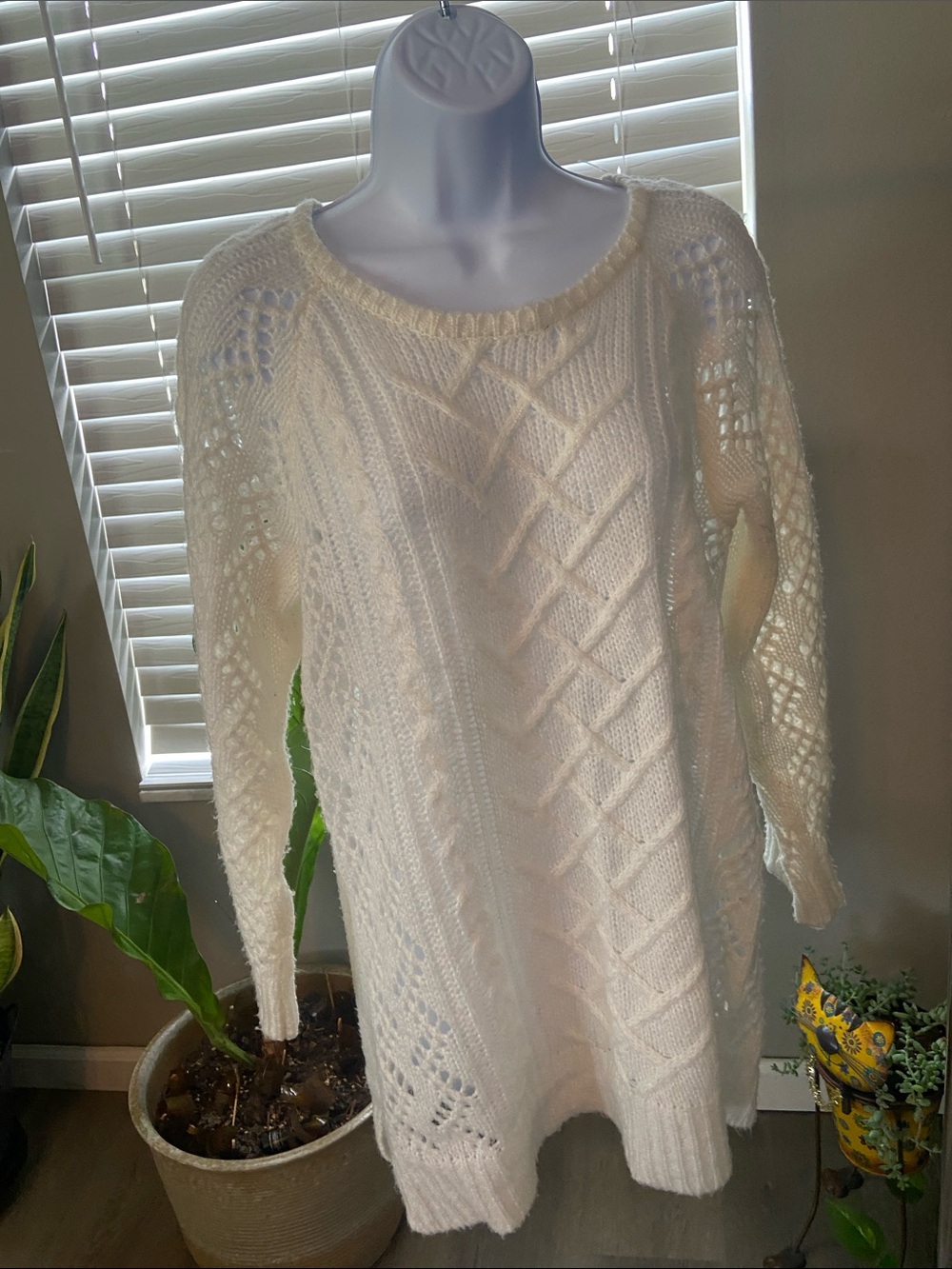 Women's Ivory Open-Knit Cable Sweater fuzzy and warm.
